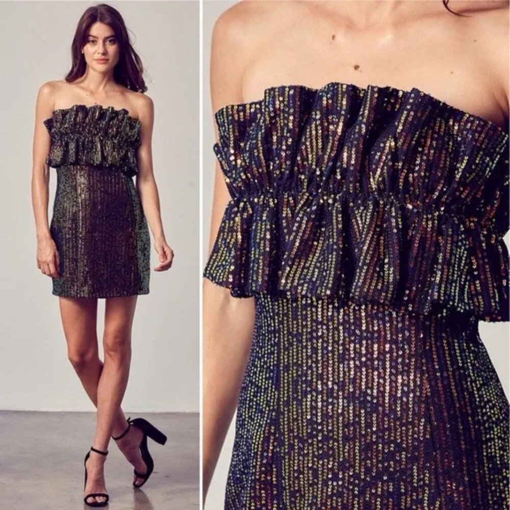 Thirty Thirty‎ LA Strapless Sequin Multi-Color Ruffle Dress Size Small